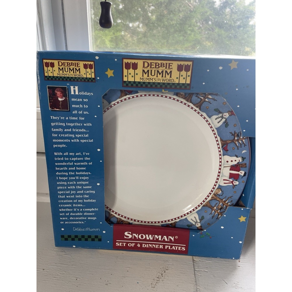 Set of 4 Vintage Sakura Debbie Mumm Snowman 10.5" Dinner Plates New In Box 90s